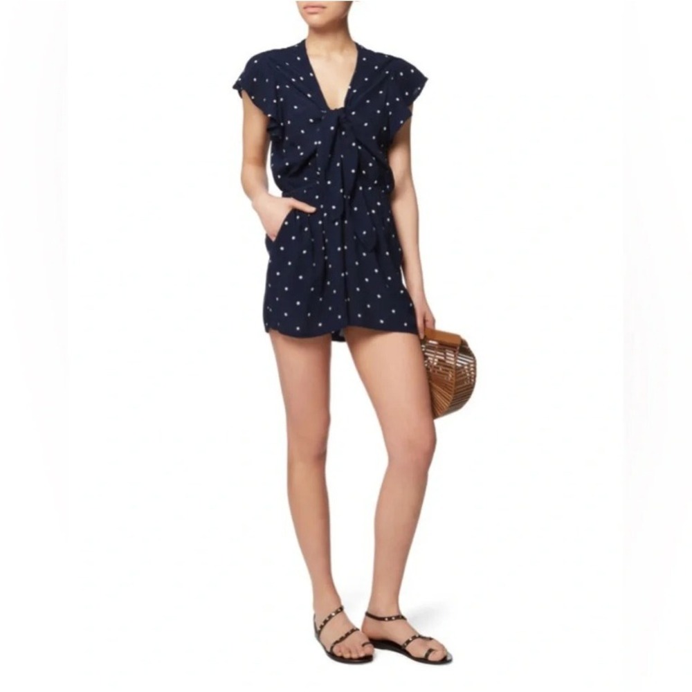Rails Minka Navy Blue Polka Dot Romper Ruffle Sleeve Tie Front Chic Classic XS